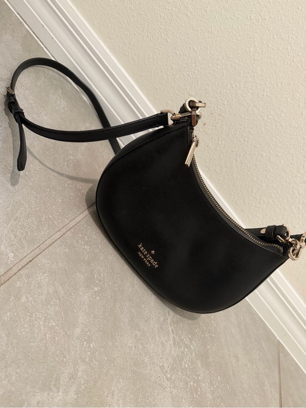 kate spade Black Leather Crescent Crossbody with Gold Hardware